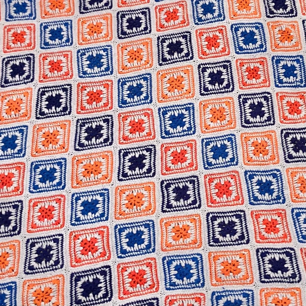 Vintage‎ Handmade Crochet Granny Square Afghan Blanket Orange Grey Blue 55x65